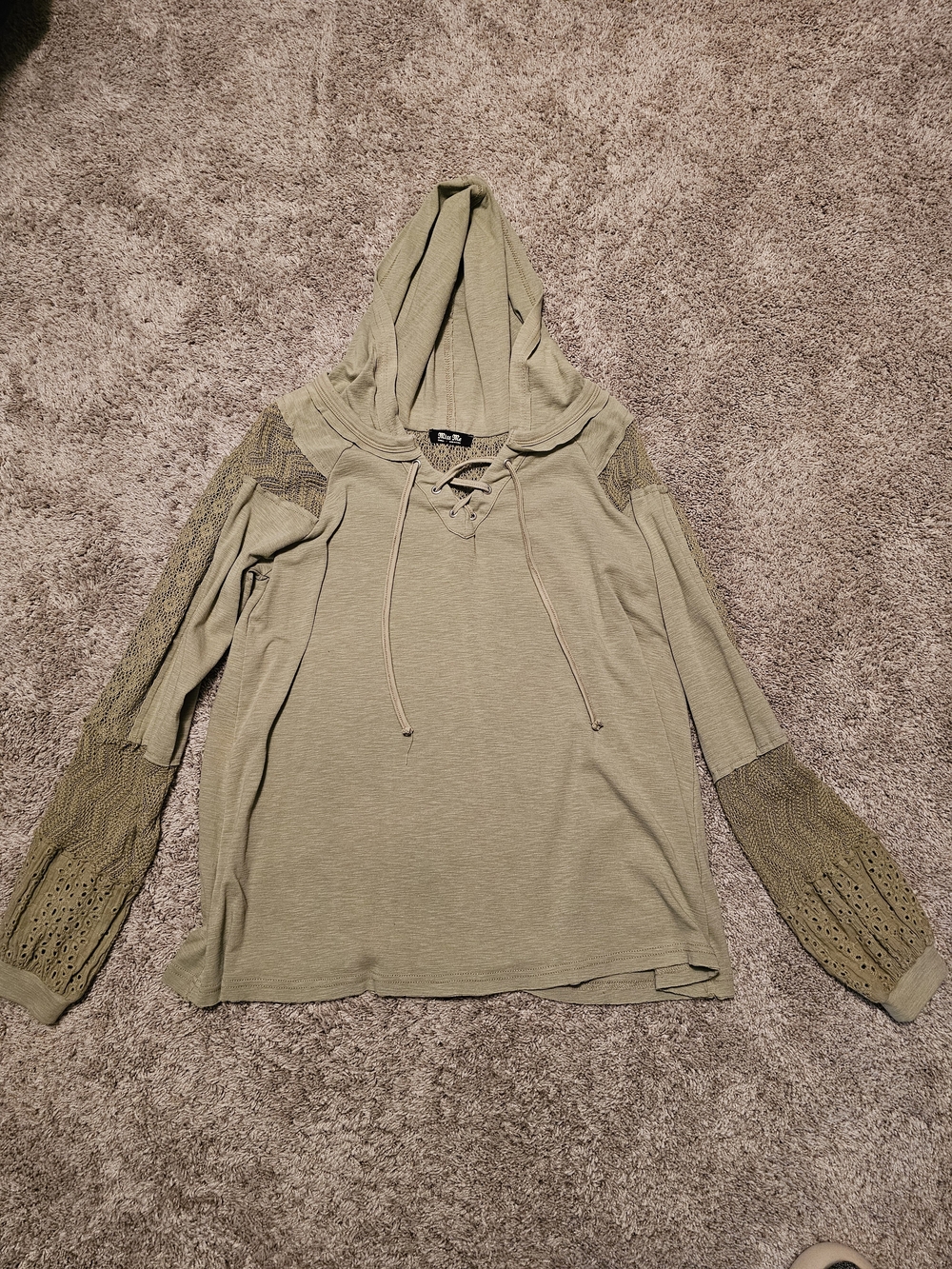 Miss Me Olive Lace-Sleeve Hooded Long Sleeve Top